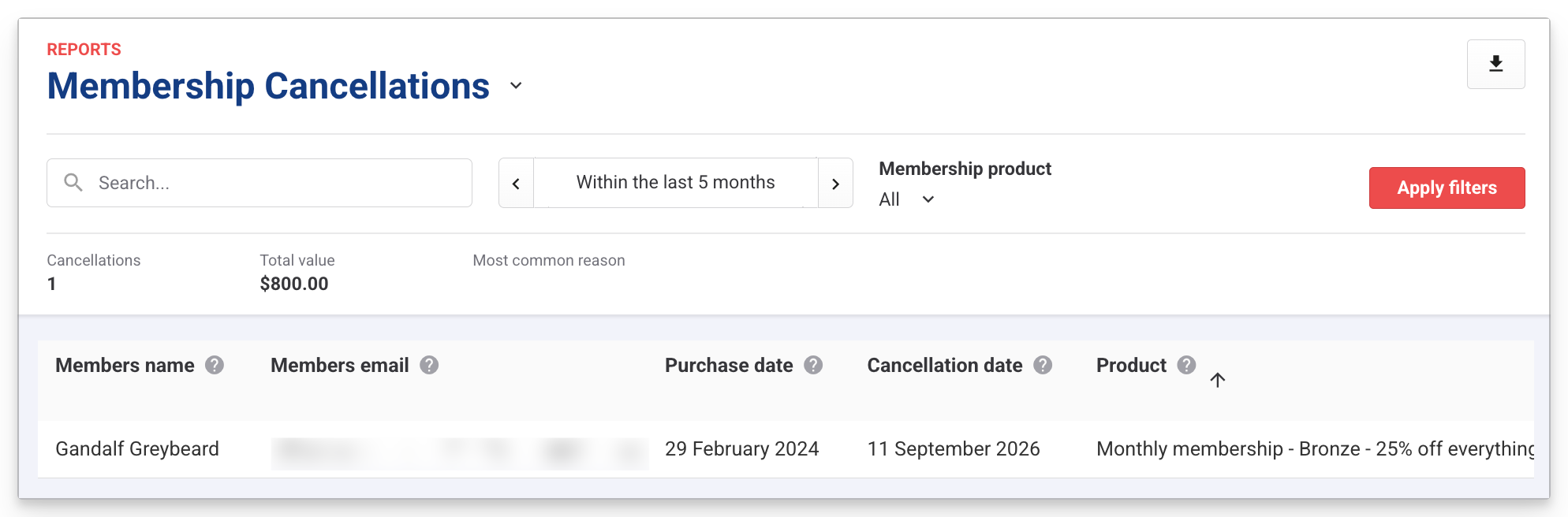 Report showing one membership cancellation with details about the member and product.